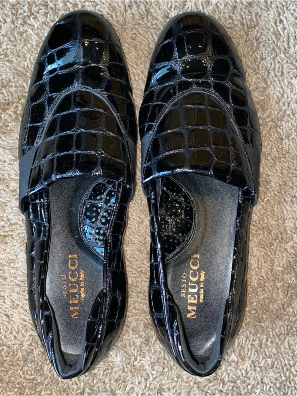 Sesto Meucci Womens Driving Loafers Size 9 Black Patent Shoes Crocodile Leather